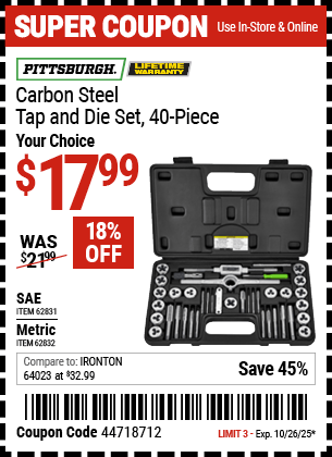 Harbor Freight Coupons, HF Coupons, 20% off - 40 Piece Carbon Steel Tap And Die Sets