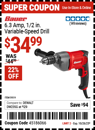 Harbor Freight Coupons, HF Coupons, 20% off - BAUER 6.3 Amp, 1/2 in. Variable-Speed Drill for $24.99