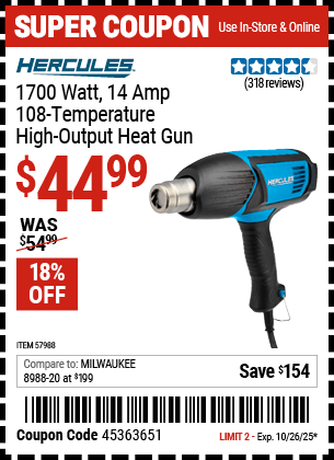 Harbor Freight Coupons, HF Coupons, 20% off - 1700 Watt  14 Amp 108 Temperature High Output Heat Gun