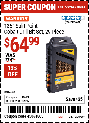 Harbor Freight Coupons, HF Coupons, 20% off - 29 Piece 135 Split Point Cobalt Drill Bit Set