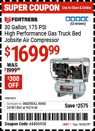 Harbor Freight Coupons, HF Coupons, 20% off - FORTRESS 30 Gallon, 175 PSI High Performance Gas Truck Bed Jobsite Air Compressor for $1699.99