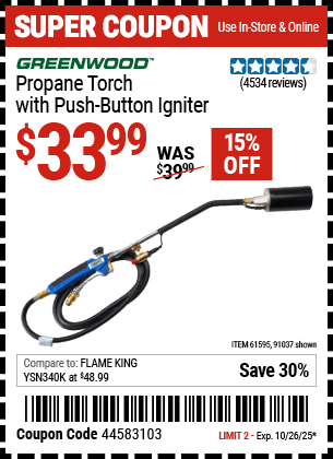 Harbor Freight Coupons, HF Coupons, 20% off - Propane Torch With Push Button Igniter