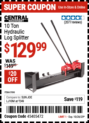 Harbor Freight Coupons, HF Coupons, 20% off - 10 Ton Hydraulic Log Splitter