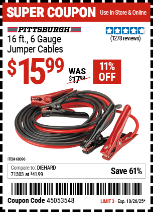 Harbor Freight Coupons, HF Coupons, 20% off - 16 Ft. 6 Gauge Heavy Duty Booster Cables