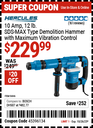Harbor Freight Coupons, HF Coupons, 20% off - 10 Amp 12 lb.  SDS Max-Type Demolition Hammer with Maximum Vibration Control
