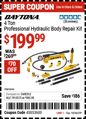 Harbor Freight Coupons, HF Coupons, 20% off - DAYTONA 4 Ton Professional Hydraulic Body Repair Kit for $189.99