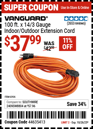 Harbor Freight Coupons, HF Coupons, 20% off - 100 Ft. X 14 Gauge Indoor/outdoor Extension Cord