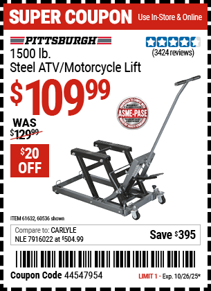 Harbor Freight Coupons, HF Coupons, 20% off - 1500 Lb. Capacity Atv/motorcycle Lift