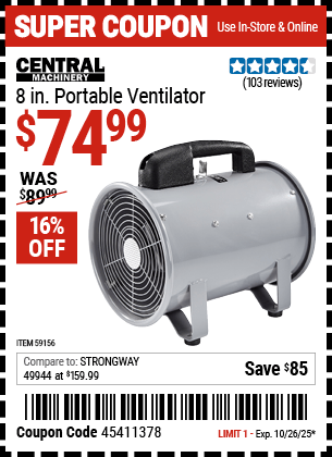 Harbor Freight Coupons, HF Coupons, 20% off - CENTRAL MACHINERY 8 in. Portable Ventilator for $74.99