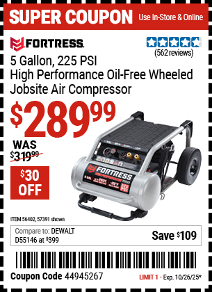 Harbor Freight Coupons, HF Coupons, 20% off - Fortress 5 Gallon 1.6 Hp High Performance Oil-free Air Compressor