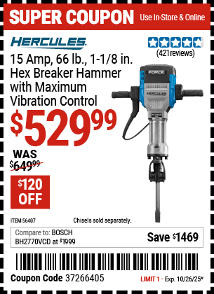 Harbor Freight Coupons, HF Coupons, 20% off - Hercules 15 Amp Pro, 1-1/8' Hex Breaker Hammer Kit