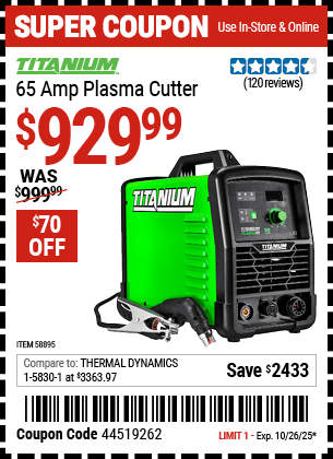 Harbor Freight Coupons, HF Coupons, 20% off - TITANIUM 65A Plasma Cutter 