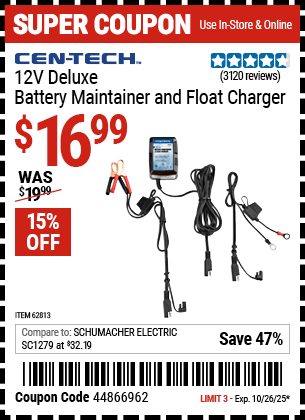 Harbor Freight Coupons, HF Coupons, 20% off - 12v Deluxe Battery Maintainer and Float Charger