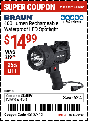 Harbor Freight Coupons, HF Coupons, 20% off - 400 Lumen Waterproof Rechargeable Led Spotlight