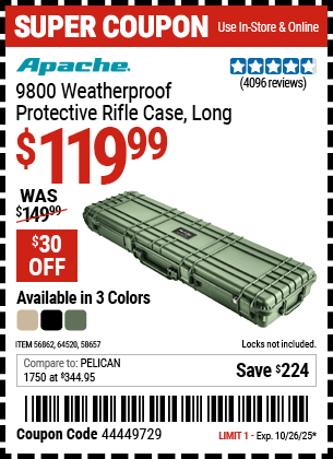 Harbor Freight Coupons, HF Coupons, 20% off - APACHE 9800 Weatherproof Protective Rifle Case for $114.99