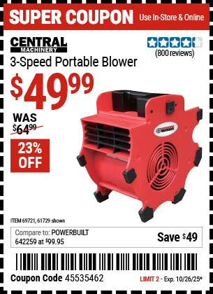 Harbor Freight Coupons, HF Coupons, 20% off - 3 Speed Portable Blower