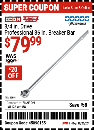 Harbor Freight Coupons, HF Coupons, 20% off - 3/4 in. Drive Professional 36 in. Breaker Bar
