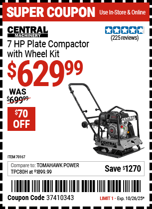 Harbor Freight Coupons, HF Coupons, 20% off - CENTRAL MACHINERY 6.5 HP Plate Compactor with Wheel Kit for $629.99