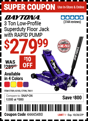 Harbor Freight Coupons, HF Coupons, 20% off - 3 ton Low Profile Super Duty Rapid Pump Floor Jack, Candy Apple Metallic Red