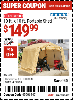 Harbor Freight Coupons, HF Coupons, 20% off - Coverpro 10 Ft. X 10 Ft. Portable Shed