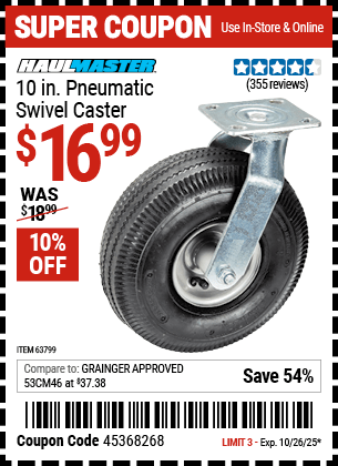 Harbor Freight Coupons, HF Coupons, 20% off - 10 in. Pneumatic Swivel Caster