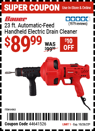 Harbor Freight Coupons, HF Coupons, 20% off - Bauer 23 Ft Auto Feed Handheld Electric Drain Cleaner