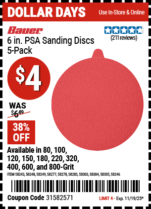 Harbor Freight Coupons, HF Coupons, 20% off - BAUER 6 in. PSA Sanding Discs with Zirconia Alumina Grain, 5-Pack for $2.99