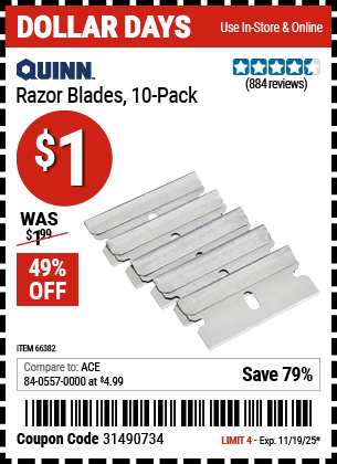 Harbor Freight Coupons, HF Coupons, 20% off - QUINN Razor Blades, 10-Pack for $0.99