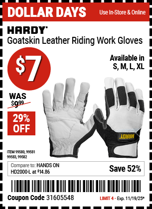 Harbor Freight Coupons, HF Coupons, 20% off - Goatskin Riding Work Gloves