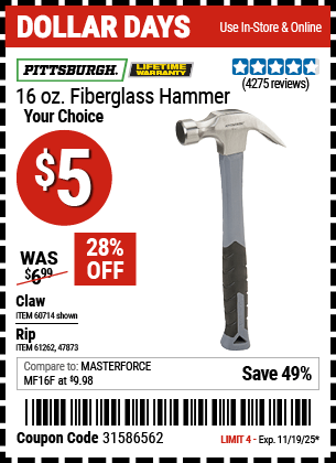 Harbor Freight Coupons, HF Coupons, 20% off - 16 Oz. Hammers With Fiberglass Handle