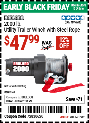 Harbor Freight Coupons, HF Coupons, 20% off - 2000 lb. Utility Trailer Winch with Steel Rope