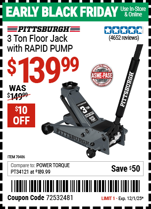 Harbor Freight Coupons, HF Coupons, 20% off - PITTSBURGH 3 Ton Floor Jack with RAPID PUMP for $119.99