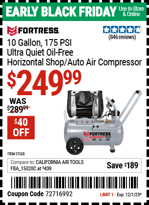 Harbor Freight Coupons, HF Coupons, 20% off - 10 Gallon 175 PSI Ultra Quiet Horizontal Shop/Auto Air Compressor