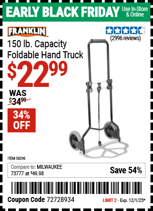 Harbor Freight Coupons, HF Coupons, 20% off - FRANKLIN 150 lb. Capacity Foldable Hand Truck 