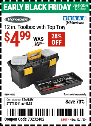 Harbor Freight Coupons, HF Coupons, 20% off - 12 in Toolbox With Top Tray Voyager