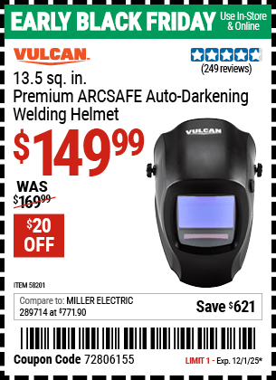 Harbor Freight Coupons, HF Coupons, 20% off - VULCAN Premium ARCSAFE Auto-Darkening Welding Helmet for $149.99