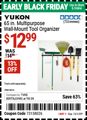 Harbor Freight Coupons, HF Coupons, 20% off - YUKON 65 in. Multi-Purpose Wall Mount Tool Organizer for $9.99