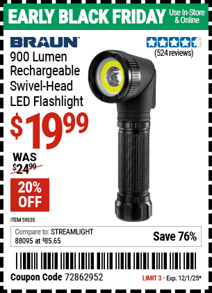Harbor Freight Coupons, HF Coupons, 20% off - BRAUN 900 Lumen Rechargeable Swivel Head LED Flashlight for $17.99