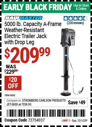 Harbor Freight Coupons, HF Coupons, 20% off - HAUL-MASTER 5000 lb. A-Frame Weather Resistant Electric Trailer Jack with Drop Leg for $199.99