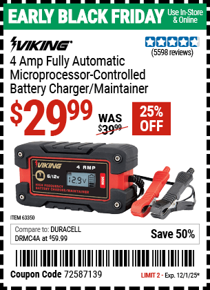 Harbor Freight Coupons, HF Coupons, 20% off - 4 Amp Fully Automatic Microprocessor Controlled Battery Charger/maintainer