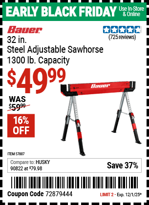 Harbor Freight Coupons, HF Coupons, 20% off - BAUER 1300 lb. Capacity Steel Sawhorse for $49.99