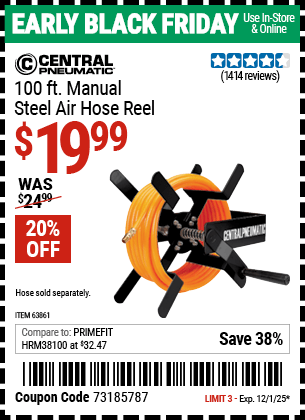 Harbor Freight Coupons, HF Coupons, 20% off - 100 Ft. Manual Steel Air Hose Reel