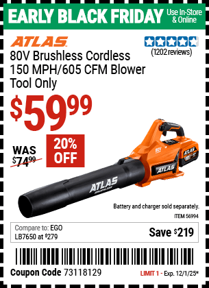 Harbor Freight Coupons, HF Coupons, 20% off - 80v Lithium-Ion Brushless Blower