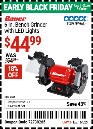 Harbor Freight Coupons, HF Coupons, 20% off - 6 in. Bench Grinder with LED Lights