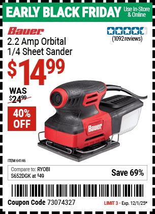 Harbor Freight Coupons, HF Coupons, 20% off - 2.2 Amp 1/4 Sheet Heavy Duty Palm Finishing Sander