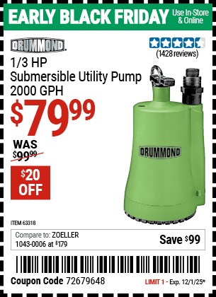 Harbor Freight Coupons, HF Coupons, 20% off - 1/3 Hp Submersible Utility Pump