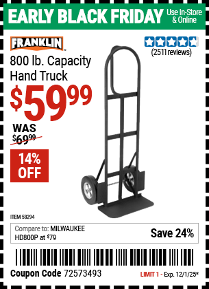 Harbor Freight Coupons, HF Coupons, 20% off - FRANKLIN 800 lb. Capacity Hand Truck 