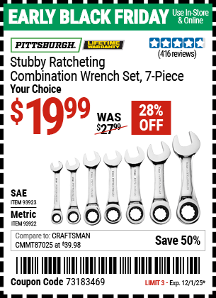 Harbor Freight Coupons, HF Coupons, 20% off - 7 Piece Stubby Ratcheting Combination Wrench Sets