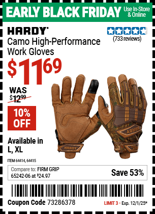 Harbor Freight Coupons, HF Coupons, 20% off - Hardy Camo Touchscreen Performance Work Gloves