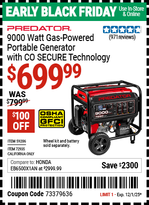 Harbor Freight Coupons, HF Coupons, 20% off - PREDATOR 9000 Watt Gas Powered Portable Generator with CO SECURE Technology for $699.99